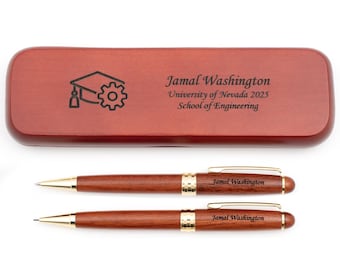 Dayspring Pens - Personalized Rosewood Graduation Ballpoint Pen and Pencil Set with Case - Engineering
