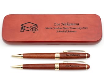 Dayspring Pens - Personalized Rosewood Graduation Ballpoint Pen and Pencil Set with Case - Sciences