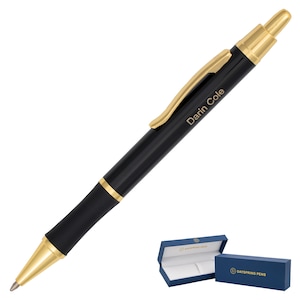 Dayspring Pens - Personalized / Engraved Monroe Ballpoint Pen Black with 18KT Gold Accents, Birthday Present, Free Shipping to USA