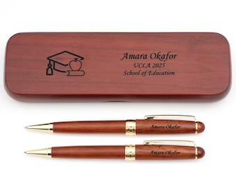 Dayspring Pens - Personalized Rosewood Graduation Ballpoint Pen and Pencil Set with Case - Teacher