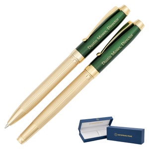 Dayspring Pens - Personalized Braxton 18KT Gold Plated Ballpoint and Rollerball Pen Set - Green. Custom Engraved Fast.