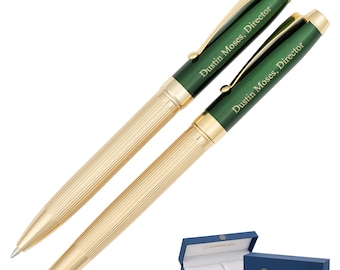 Dayspring Pens - Personalized Braxton 18KT Gold Plated Ballpoint and Rollerball Pen Set - Green. Custom Engraved Fast.