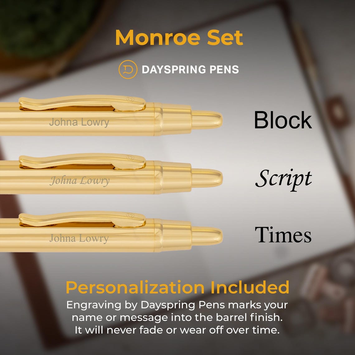 Engraved Dayspring Pens Monroe 18k Gold Plated Pen and Pencil Set ...