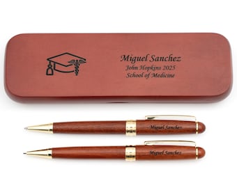 Dayspring Pens - Personalized Rosewood Graduation Ballpoint Pen and Pencil Set with Case - Medical