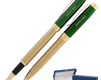 Personalized 18KT Gold Plated Pen Set: Green Braxton Ballpoint & Rollerball