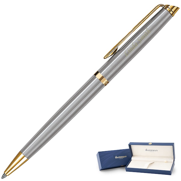Dayspring Pens - Engraved/Personalized Waterman Hemisphere Stainless Gold Trim Ballpoint Pen. Custom Engraved Fast. Free Shipping in the USA