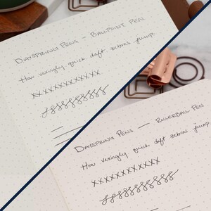 Puede incluir: Primer plano de un cuaderno blanco con escritura a tinta negra. El texto dice "DAYSPRING PENS - BALLPOINT PEN How vexingly quick daft zebras jump. XXXXXXX  SSSSSSSS" y "DAYSPRING PENS - ROLLERBALL PEN How vexingly quick daft zebras jump. XXXXXXXXXXX  SSSSSSSS".