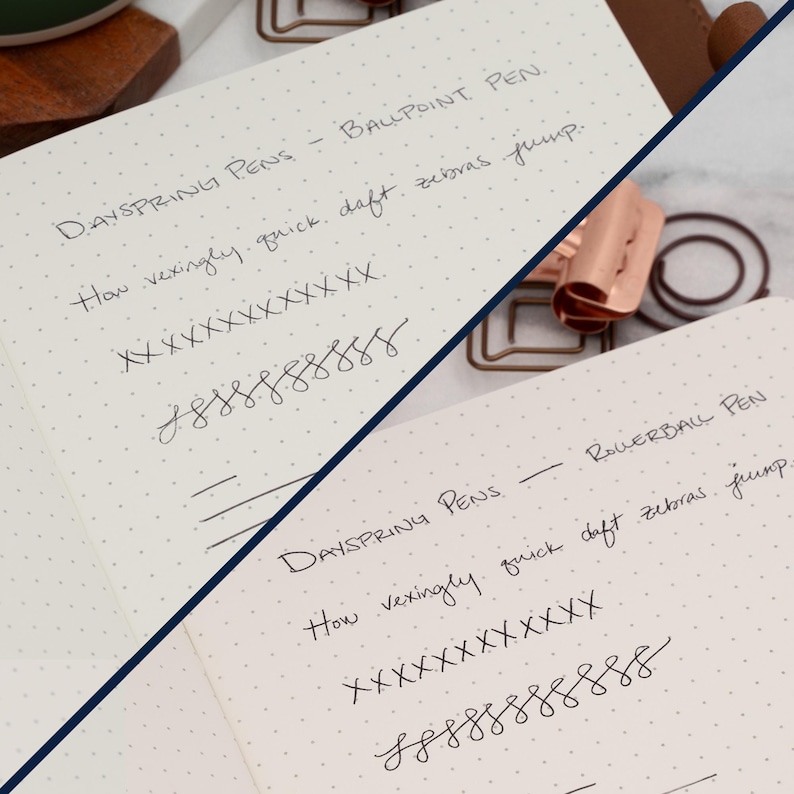 Puede incluir: Primer plano de un cuaderno blanco con escritura a tinta negra. El texto dice "DAYSPRING PENS - BALLPOINT PEN How vexingly quick daft zebras jump. XXXXXXX  SSSSSSSS" y "DAYSPRING PENS - ROLLERBALL PEN How vexingly quick daft zebras jump. XXXXXXXXXXX  SSSSSSSS".