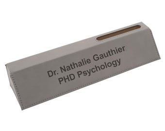 Dayspring Pens - Engraved Gray Leatherette Desk Wedge with Business Card Holder. Executive Office Accessories.