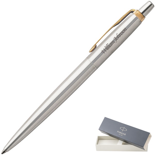 Dayspring Pens - Custom Engraved Parker Jotter Ballpoint Pen Stainless Steel Gold Trim with Gift Box. Free USA Shipping.