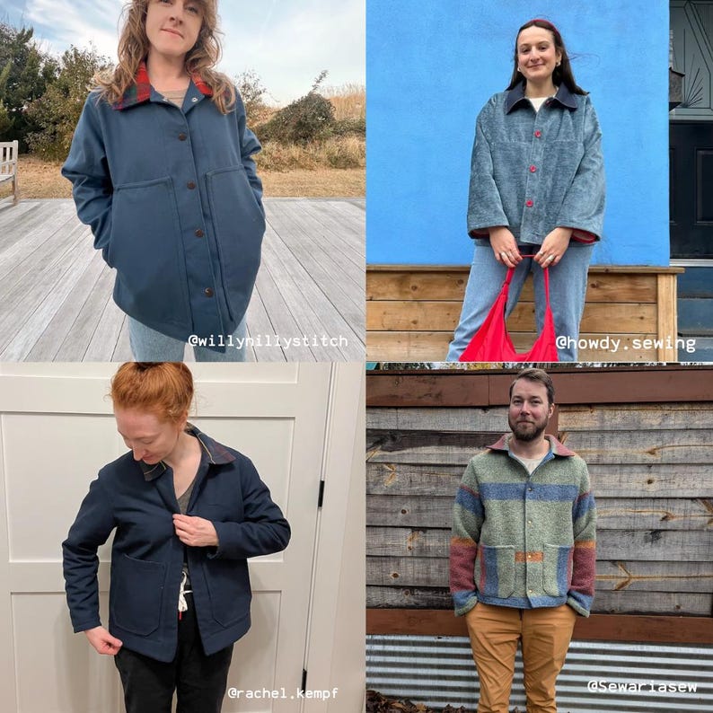 Beginner-friendly chore coat sewing pattern, perfect for creating a durable, Carhartt-style work coat. Easy-to-follow instructions for sewing a versatile barn coat or work jacket. Ideal pattern for novice sewists looking to make a rugged, practical