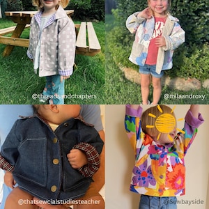 May include: Four children's jackets in different styles and patterns. One is grey with white floral designs, another is patchwork, a third is denim with a plaid collar, and the last is a vibrant floral print. Each jacket has a unique design and colour scheme.