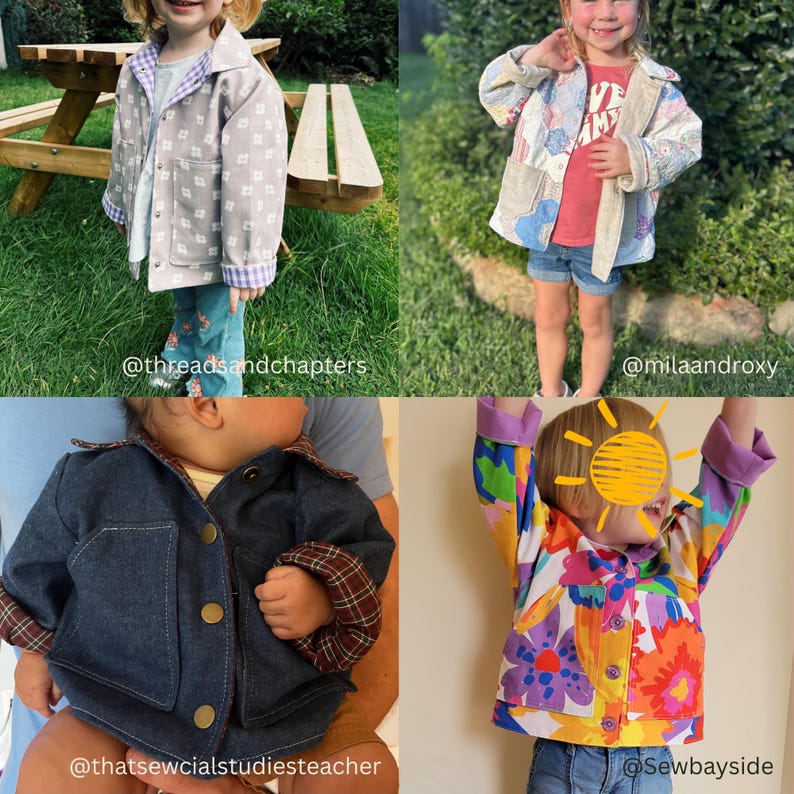 May include: Four children's jackets in different styles and patterns. One is grey with white floral designs, another is patchwork, a third is denim with a plaid collar, and the last is a vibrant floral print. Each jacket has a unique design and colour scheme.