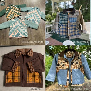 May include: A selection of quilted jackets with diverse designs. One jacket displays geometric patterns in green, orange, and white. Another features a blue and white triangle design. Other jackets have plaid and animal prints. The jackets are for children.