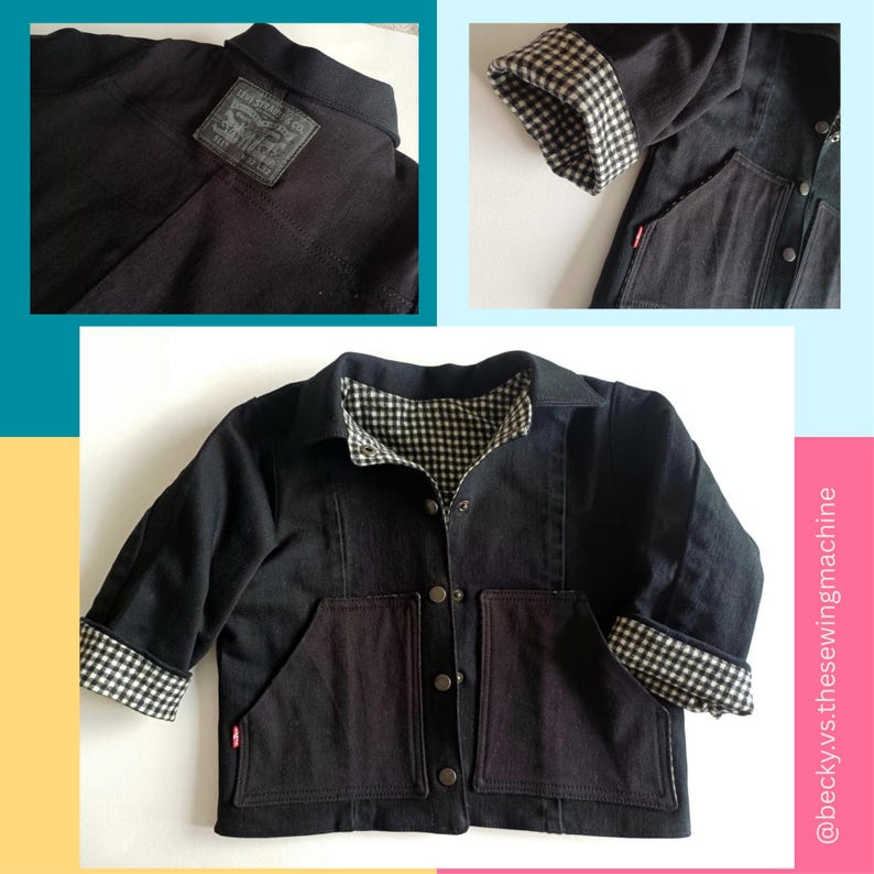May include: A black denim jacket with a classic collar, two front pockets, and button fastenings. The cuffs and inner lining have a black and white checked pattern. A small red tag is visible on the pocket. The Levi Strauss & Co. label is visible.