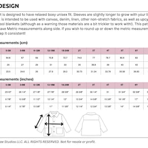 May include: A baby coat pattern measurement chart, with sizes from 0-3M to 7Y, showing bust, length, and sleeve length in both inches and centimetres. The text indicates the pattern is drafted in inches but includes metric measurements for convenience.