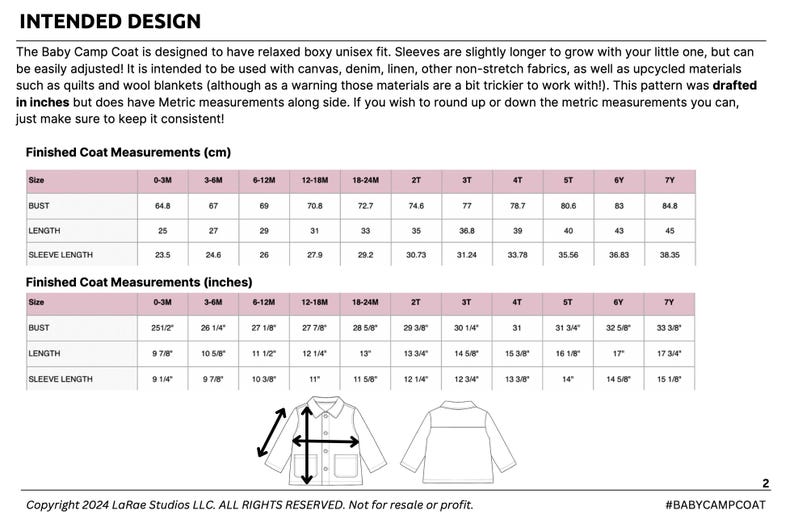 May include: A baby coat pattern measurement chart, with sizes from 0-3M to 7Y, showing bust, length, and sleeve length in both inches and centimetres. The text indicates the pattern is drafted in inches but includes metric measurements for convenience.
