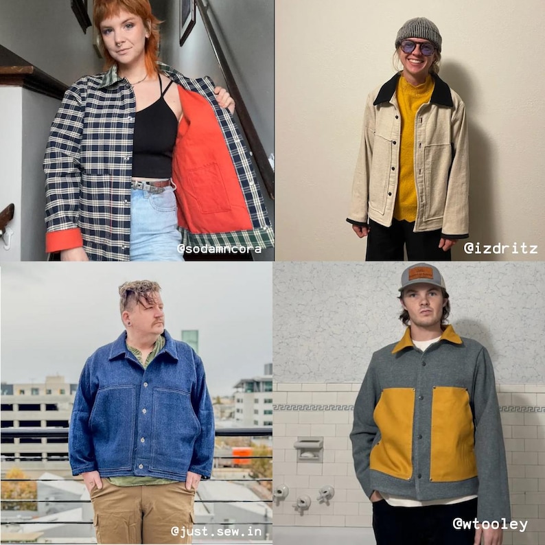 Beginner-friendly chore coat sewing pattern, perfect for creating a durable, Carhartt-style work coat. Easy-to-follow instructions for sewing a versatile barn coat or work jacket. Ideal pattern for novice sewists looking to make a rugged, practical