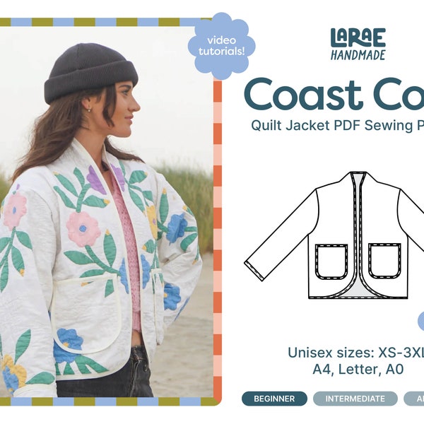 Coast Coat PDF Patron de couture | Adapté aux débutants | Tailles unisexes TP-3TG | Tutoriel vidéo | Recyclage | Manteau matelassé | Patron de veste |