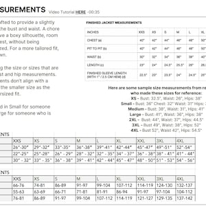 May include: A chart with body measurements in inches and centimeters for different sizes, from XXS to 4XL. The chart includes measurements for chest, waist, and hips. The chart also includes sample size measurements from real people who made these sizes for reference.