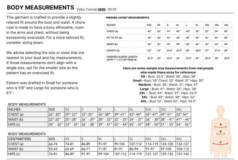 May include: A chart with body measurements in inches and centimeters for different sizes, from XXS to 4XL. The chart includes measurements for chest, waist, and hips. The chart also includes sample size measurements from real people who made these sizes for reference.