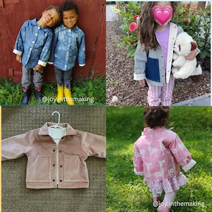 May include: A collection of children's jackets in different styles and colours. One image shows two children wearing matching blue denim jackets. Another shows a child in a striped jacket with a denim pocket. A pink giraffe-patterned jacket is also featured.