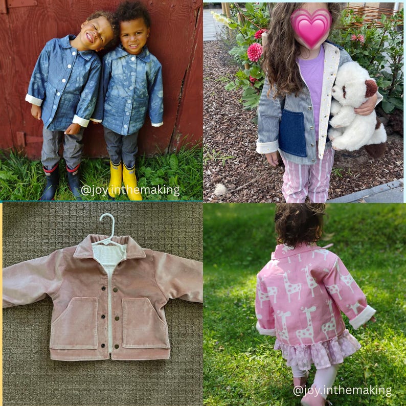 May include: A collection of children's jackets in different styles and colours. One image shows two children wearing matching blue denim jackets. Another shows a child in a striped jacket with a denim pocket. A pink giraffe-patterned jacket is also featured.