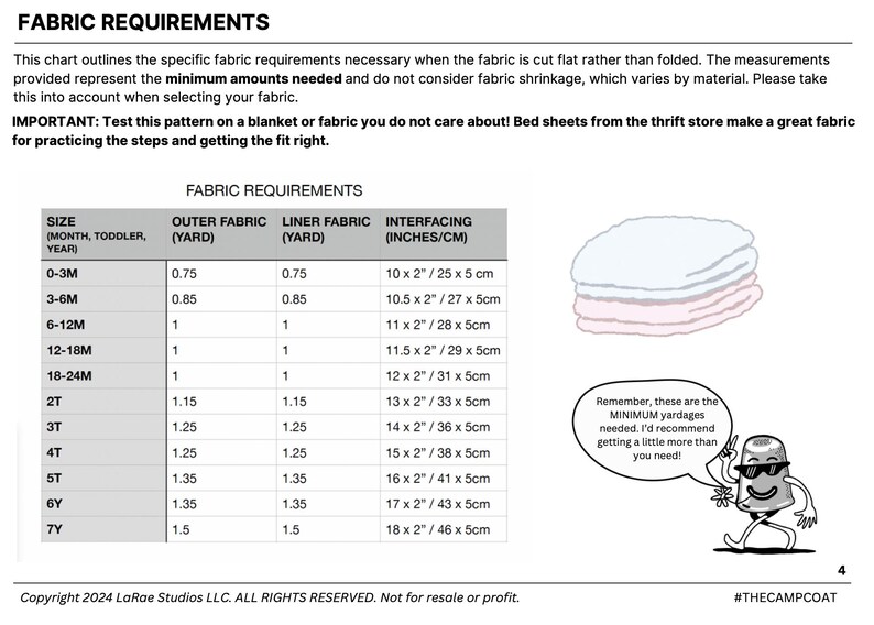 May include: Fabric requirements chart for a sewing project, detailing fabric yardage and interfacing measurements in inches and centimetres for various sizes, from 0-3 months to 7 years. Includes a stack of fabric and a cartoon character.