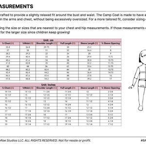 May include: A body measurements chart for children's clothing, showing sizes in cm and inches, with chest, waist, shoulder, and sleeve measurements. A child's outline is also shown.