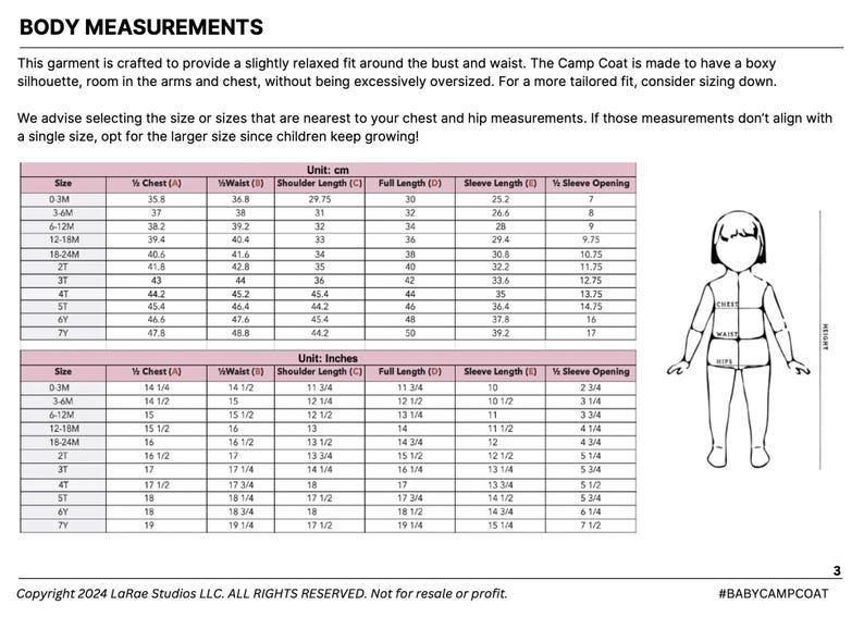May include: A body measurements chart for children's clothing, showing sizes in cm and inches, with chest, waist, shoulder, and sleeve measurements. A child's outline is also shown.