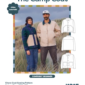 May include: The Camp Coat sewing pattern by Larae Handmade features a chore coat design for sizes XXS-4XL. The image displays two individuals wearing the coat, one in a blue and green plaid pattern and one in solid beige, with technical line drawings.