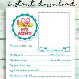 Cute Aunt Printable Questionnaire for Kids All About My Aunt Etsy