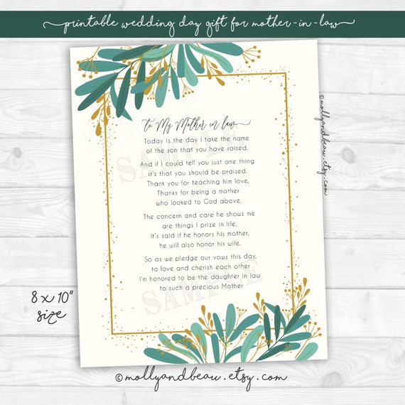 Mother In Law Gift Printable Poem For Wedding Day 8x10 Etsy