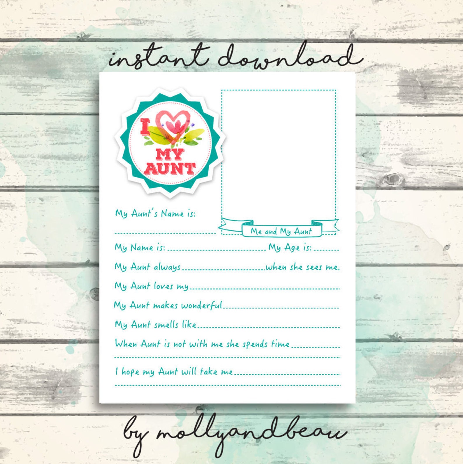 Cute Aunt Printable Questionnaire For Kids All About My Aunt Etsy
