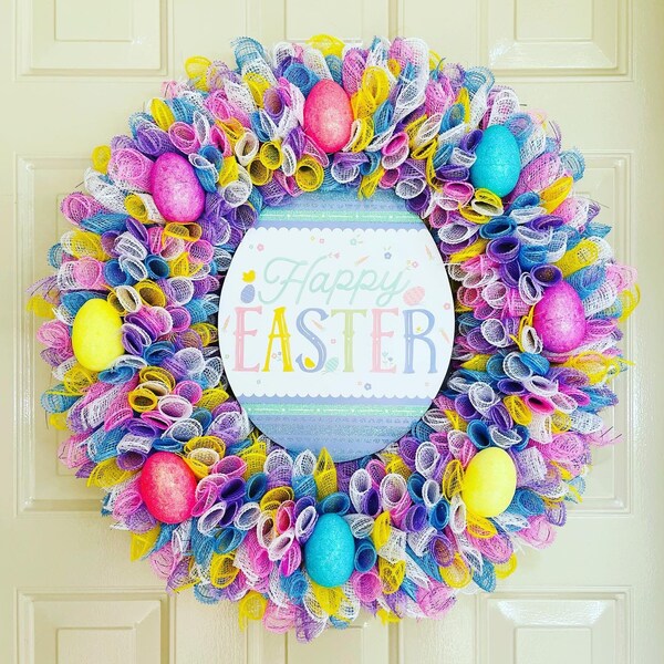 Happy Easter Wreath, Easter Wreath, Easter Decor, Front Door Wreath, Easter Egg Wreath, Holiday Wreath, Outdoor Wreath, Deco Mesh Wreath