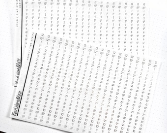 Peut inclure: Une feuille d'autocollants transparents avec les chiffres de 1 à 12 imprimés dessus. Les chiffres sont disposés en colonnes, chaque colonne représentant une heure différente de la journée. Les autocollants sont conçus pour être utilisés dans un agenda ou un journal pour suivre le temps.