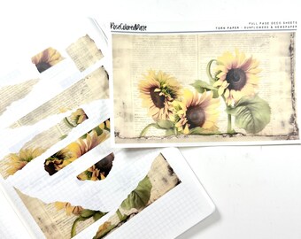 Transparent Matte Sticker Sheet - Torn Paper - Sunflowers & Newspaper