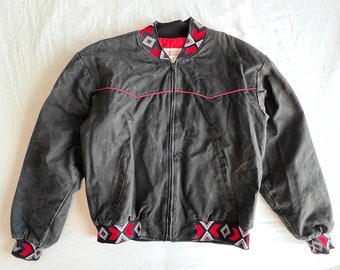 Vintage 1990s Tex Tan canvas unisex bomber jacket size XL X-Large / 90s black and red long sleeve collarless puffer southwestern goth grunge