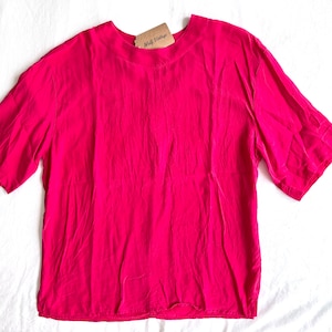 Vintage 2000s Preston & York red SILK top size small S / Y2K shirt sleeve round neck collarless boxy oversized fit light t-shirt blouse