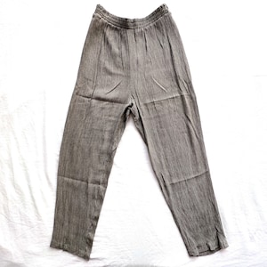Vintage 1990s A.K.F. beige micro accordion pleated pants size medium M / 90s elastic waist pull on relaxed tapered leg high waisted stretch