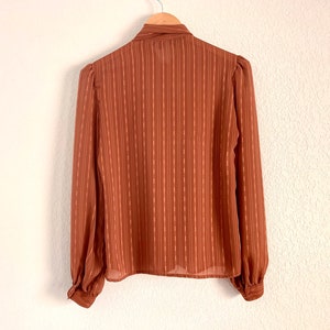 Vintage 1980s Breckenridge sheer pussy bow blouse size small S / 80s sheer rust orange long sleeve button front up down top shirt striped image 6