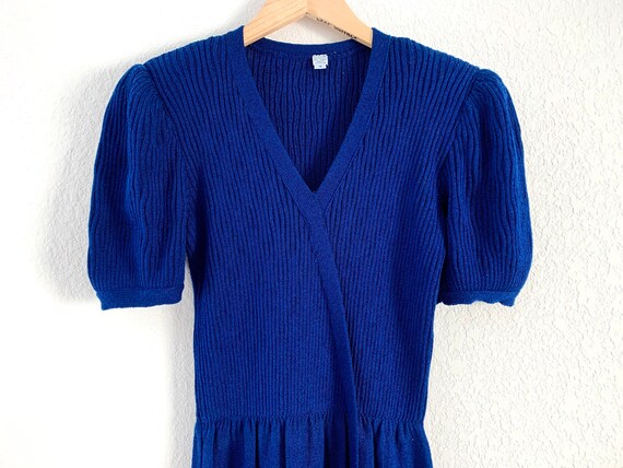 Vintage 80’s navy blue wrap knit sweater dress ta… - image 2