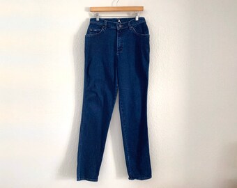 Vintage Damen Lee blau Jeans Größe 10 L lang / 32" Taille mittlere große Stretch / Mama Denim hoch taillierte verjüngte dünne Bein dunkel waschen 90er Jahre