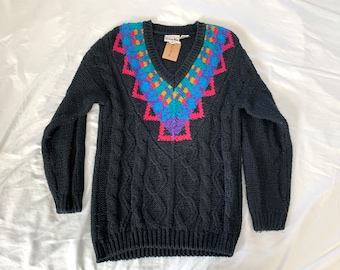 Vintage 80s Copper Key black V-neck sweater, women's size large L