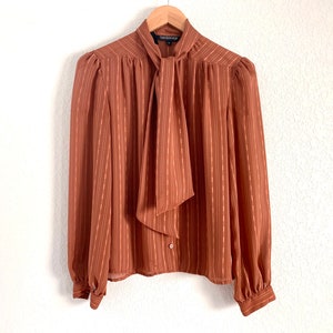 Vintage 1980s Breckenridge sheer pussy bow blouse size small S / 80s sheer rust orange long sleeve button front up down top shirt striped image 1