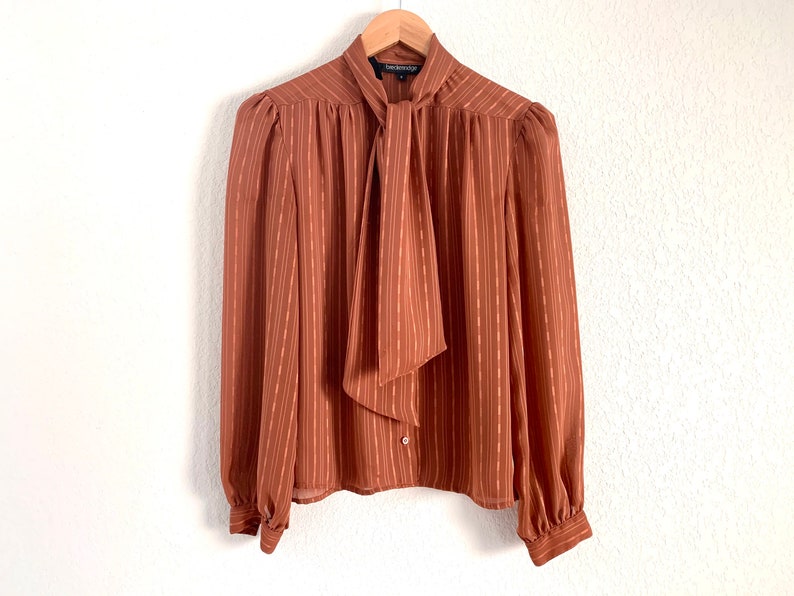 Vintage 1980s Breckenridge sheer pussy bow blouse size small S / 80s sheer rust orange long sleeve button front up down top shirt striped image 1