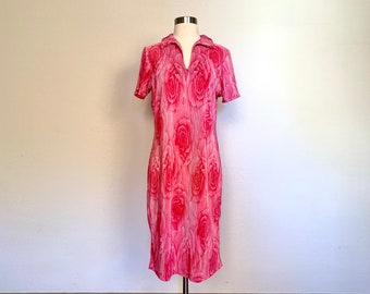 Vintage 90’s pink rose dress size 6 small S / 1990’s silky satin accordion pleat collared v-neck short sleeve floral shift shirt midi