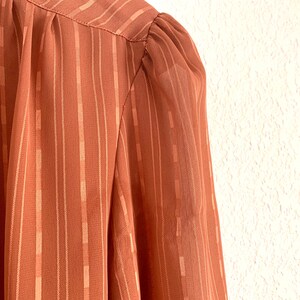 Vintage 1980s Breckenridge sheer pussy bow blouse size small S / 80s sheer rust orange long sleeve button front up down top shirt striped image 4