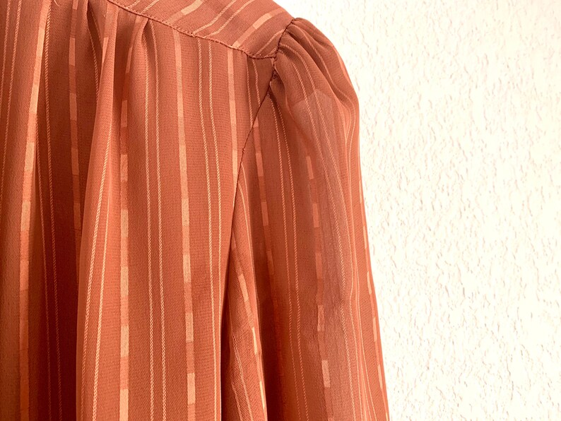 Vintage 1980s Breckenridge sheer pussy bow blouse size small S / 80s sheer rust orange long sleeve button front up down top shirt striped image 4