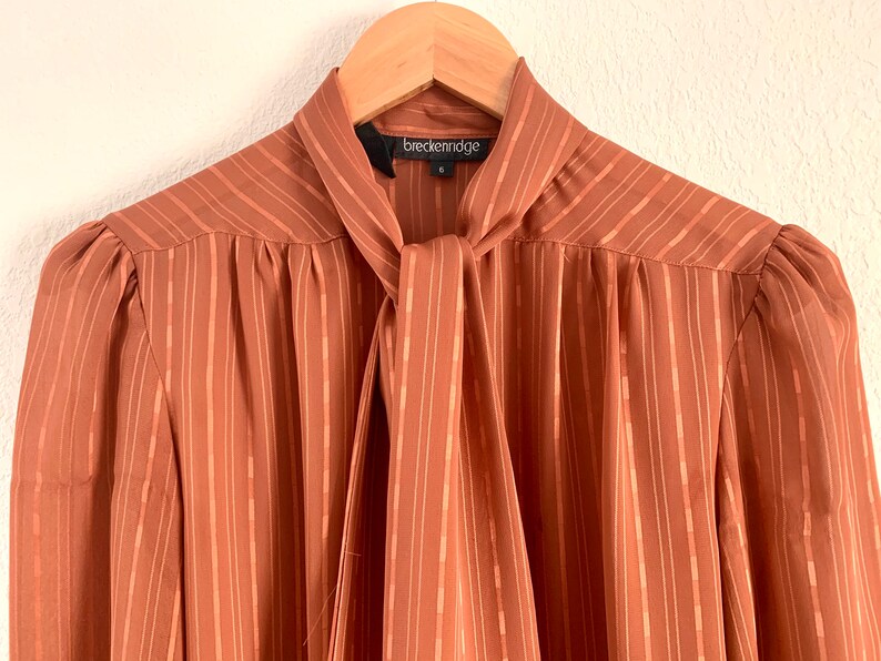 Vintage 1980s Breckenridge sheer pussy bow blouse size small S / 80s sheer rust orange long sleeve button front up down top shirt striped image 2